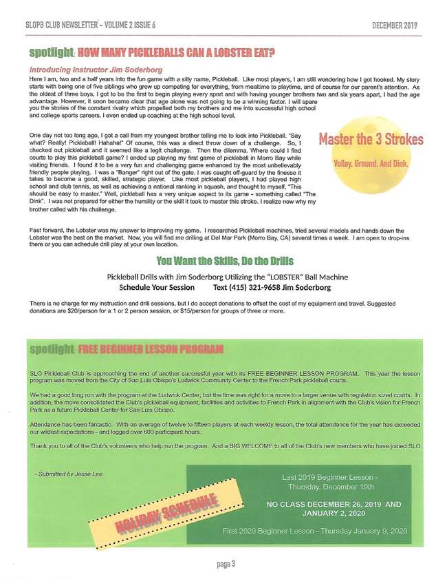 SLOPB Club Newsletter feature on Coach Jim Soderborg, December 2019